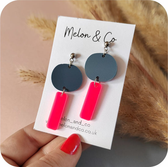 Acrylic Boho & Drop Earrings - Matte Denim & Neon Pink