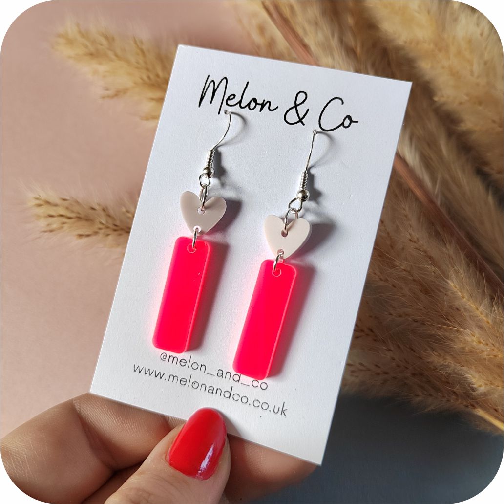 Acrylic Heart & Drop Earrings - Marshmallow and Neon Pink