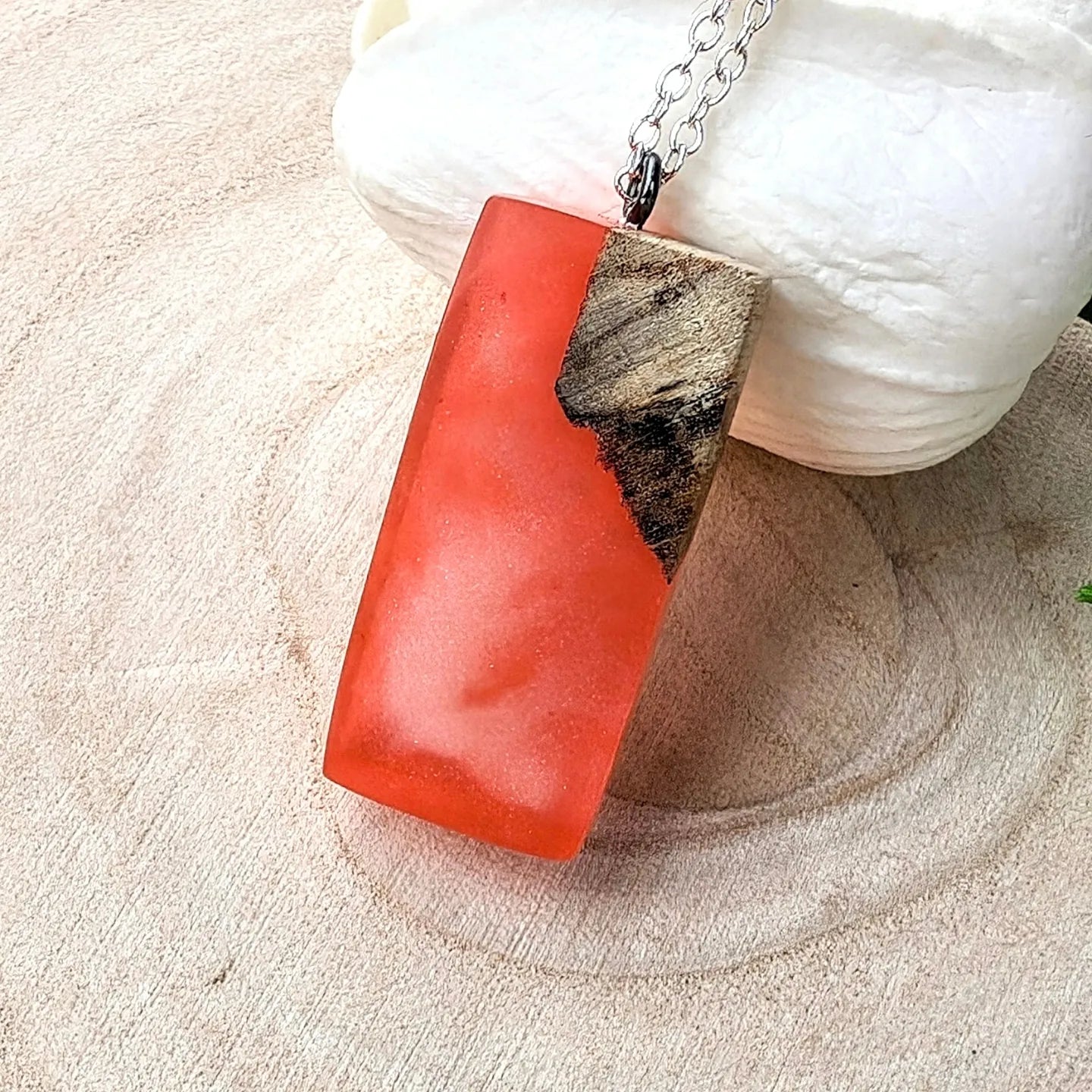 Peach Resin and Wood Necklace - Handmade Pendant