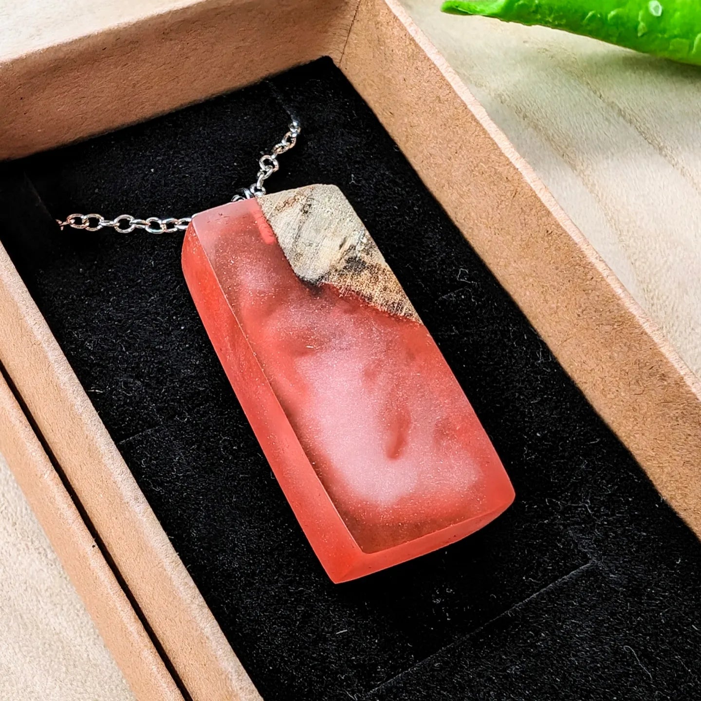 Peach Resin and Wood Necklace - Handmade Pendant