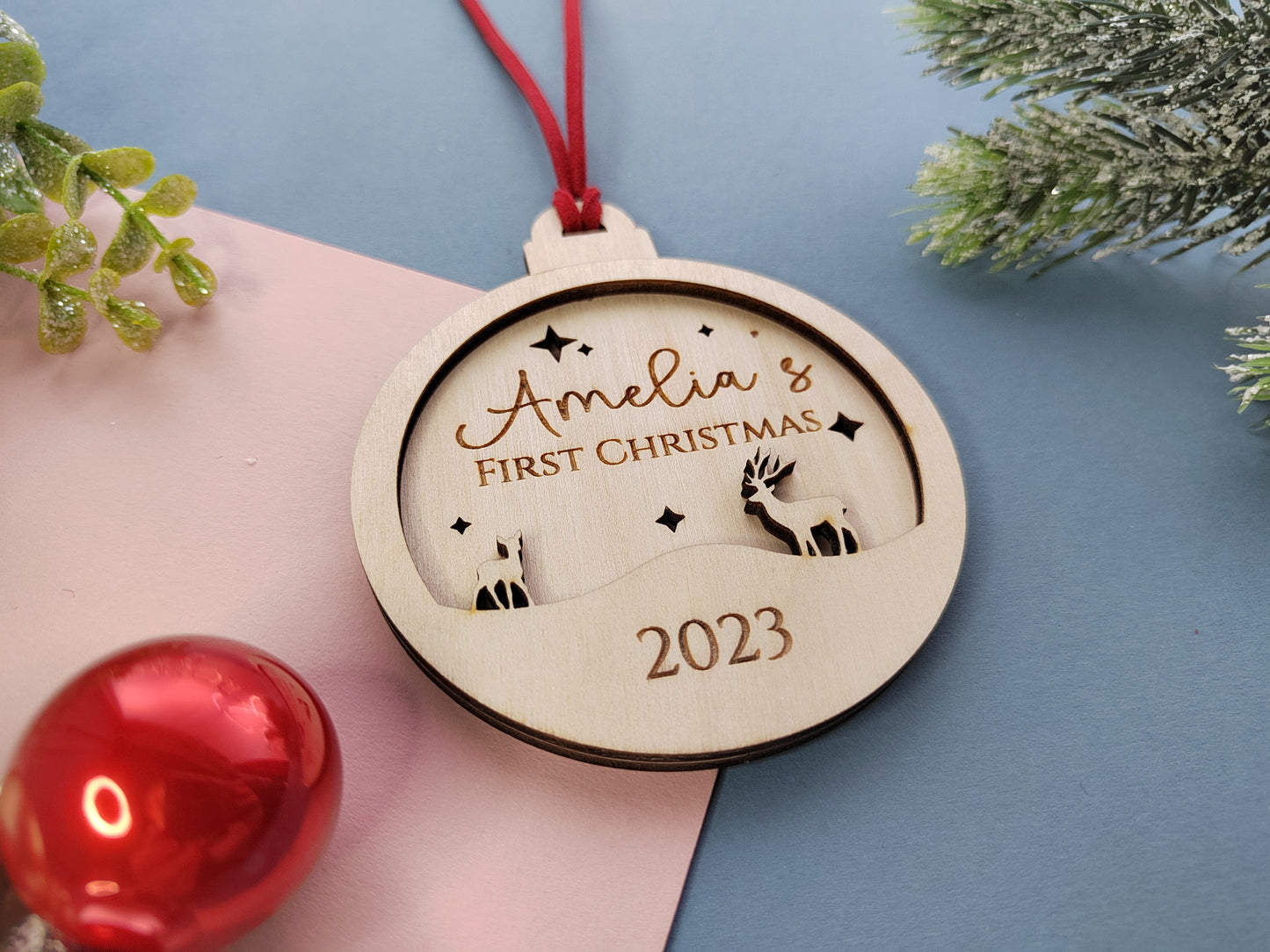 Baby's First Christmas Bauble - Layered Stag Design