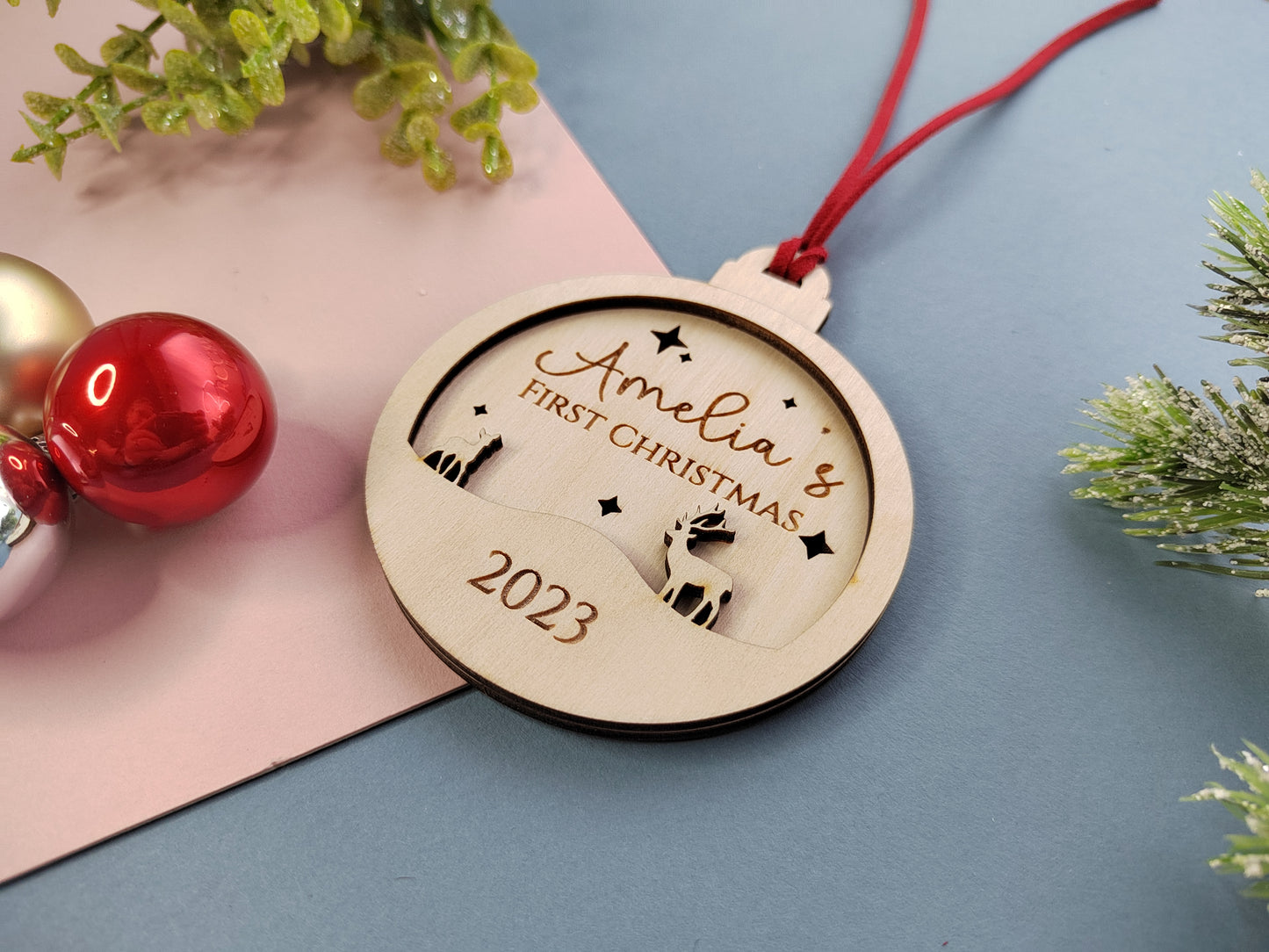 Baby's First Christmas Bauble - Layered Stag Design