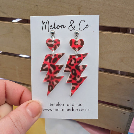 Lightning Bolt Earrings - Pink Leopard and Heart Top