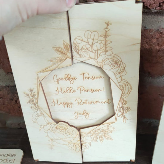 Wooden Engraved Card - Floral Retirement